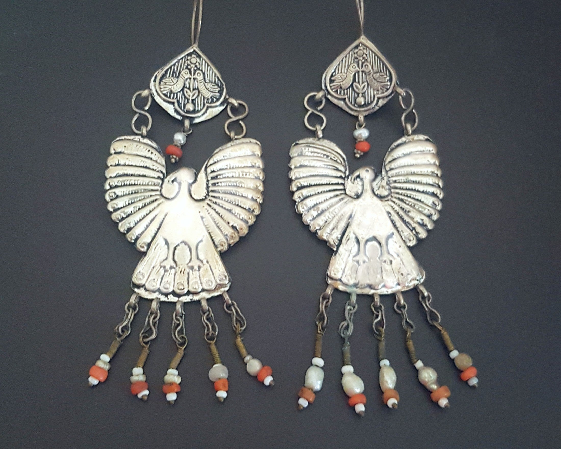 Uzbek Coral Pearl Earrings with Bird