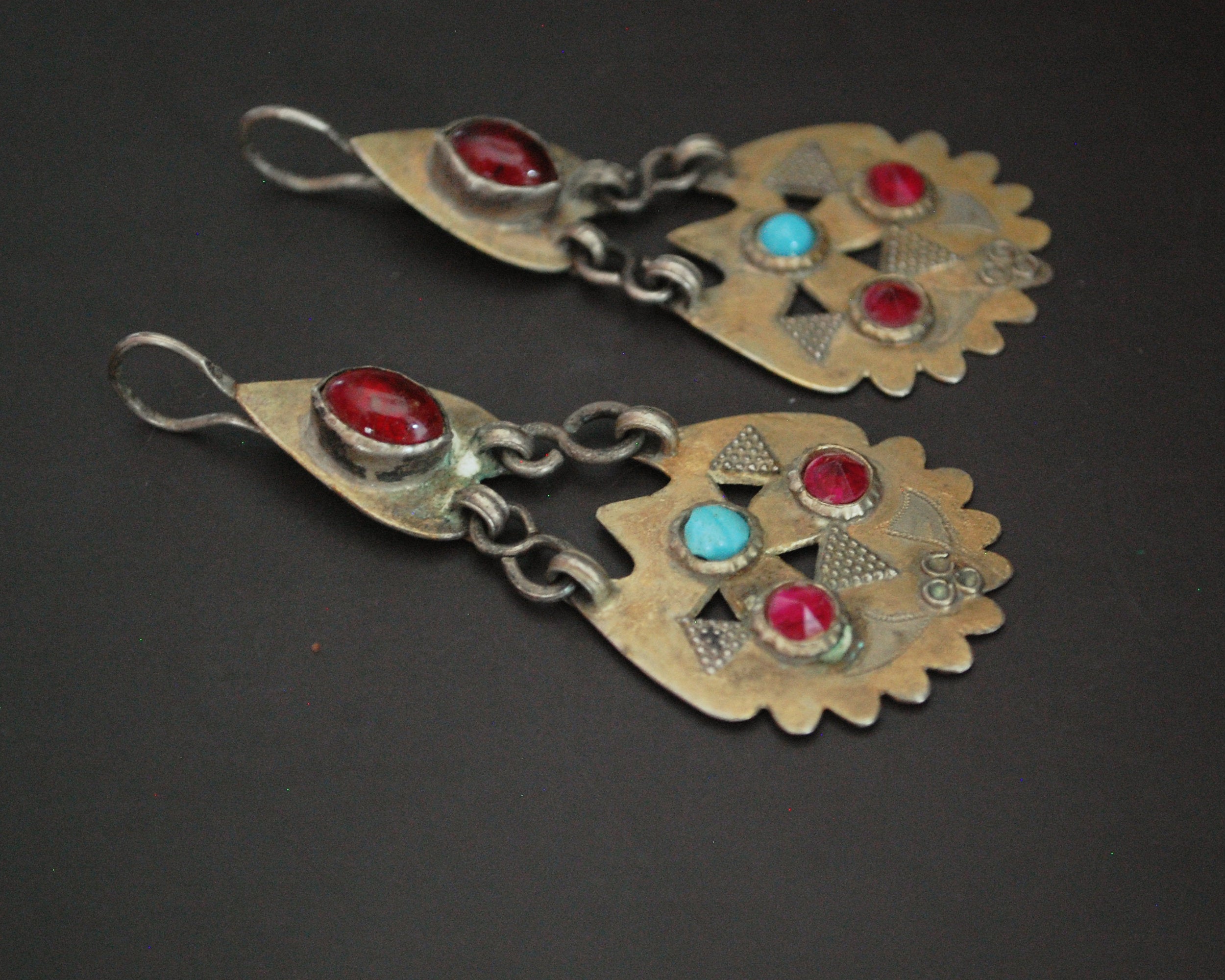 Vintage Turkmen Gilded Earrings with Glass Stones