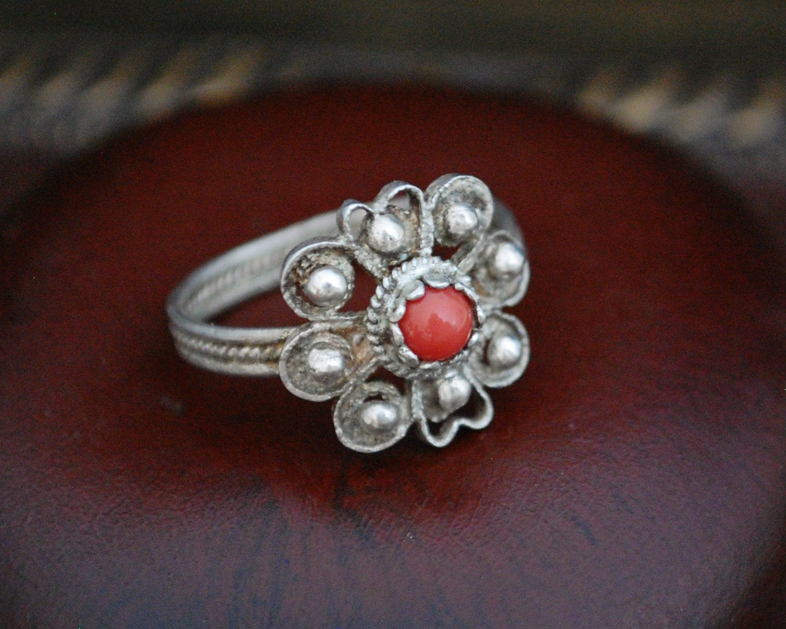 Old Croatian Filigree Coral Ring - Size 7