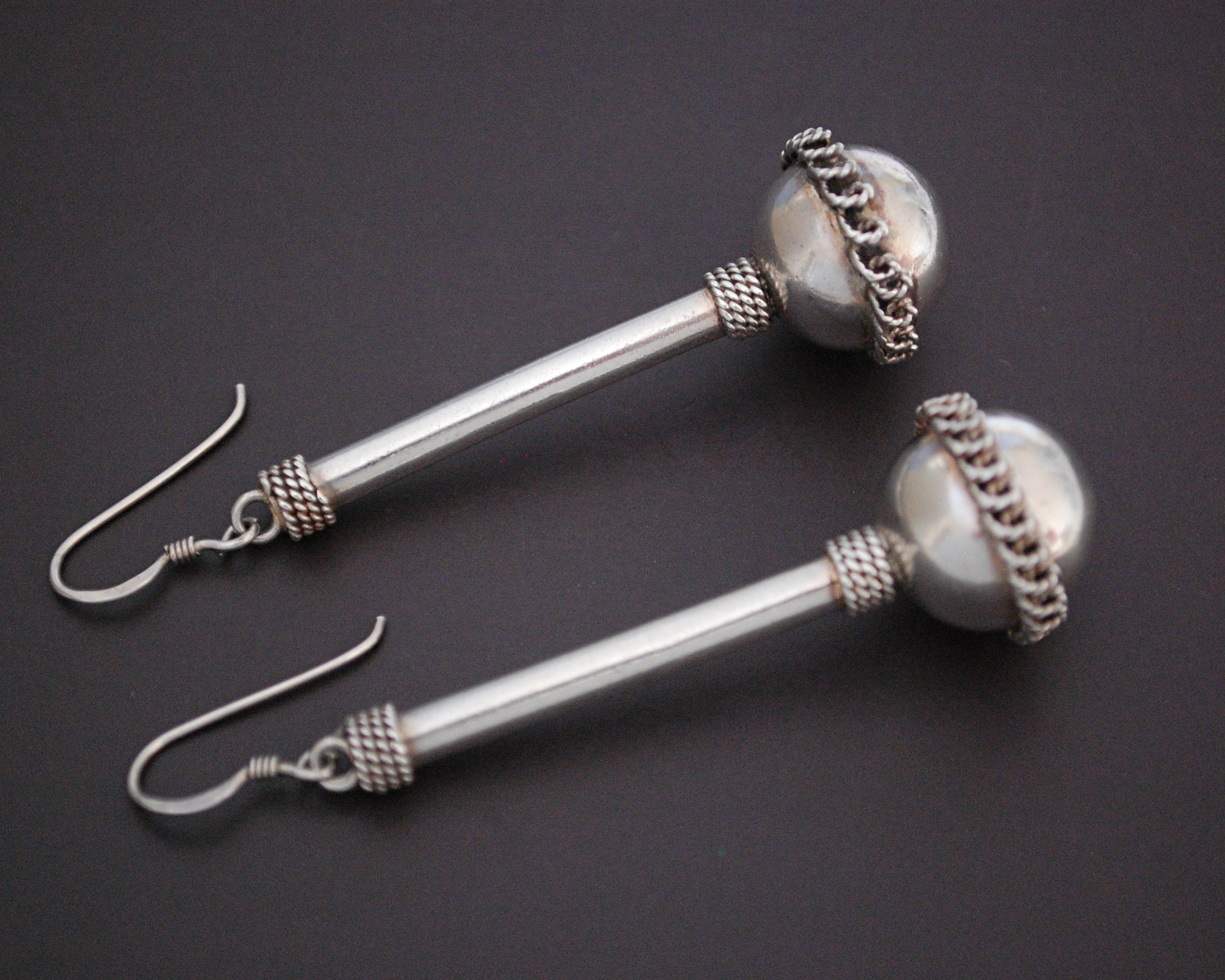 Long Ethnic Silver Ball Earrings with Wire Work