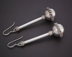 Long Ethnic Silver Ball Earrings with Wire Work