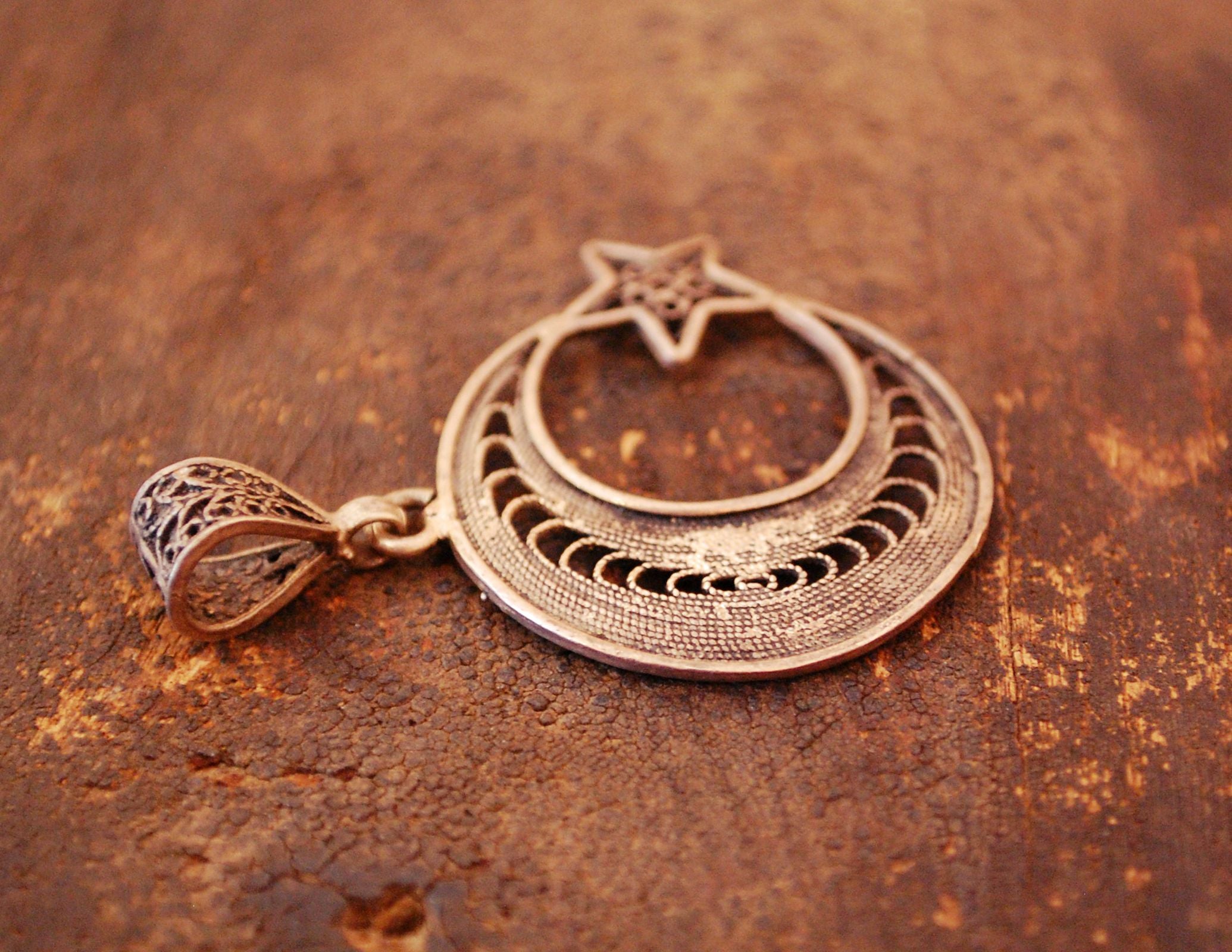 Filigree Crescent Moon and Star Pendant from Morocco