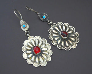 Turkmen Silver Earrings with Red Glass