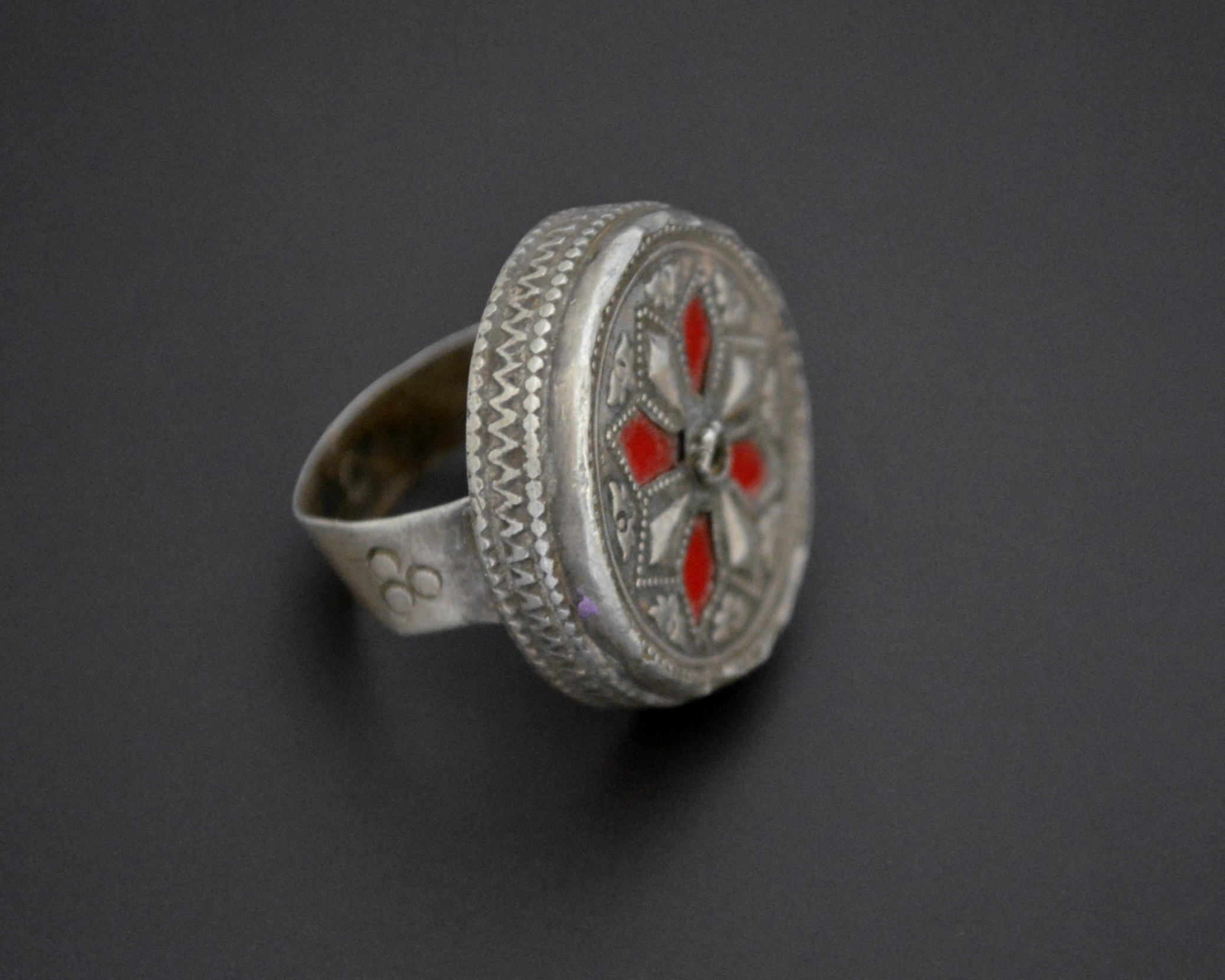 Afghani Silver Ring with Red Glass - Size 8