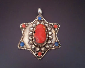 Nepali Star Pendant with Coral and Lapis Lazuli