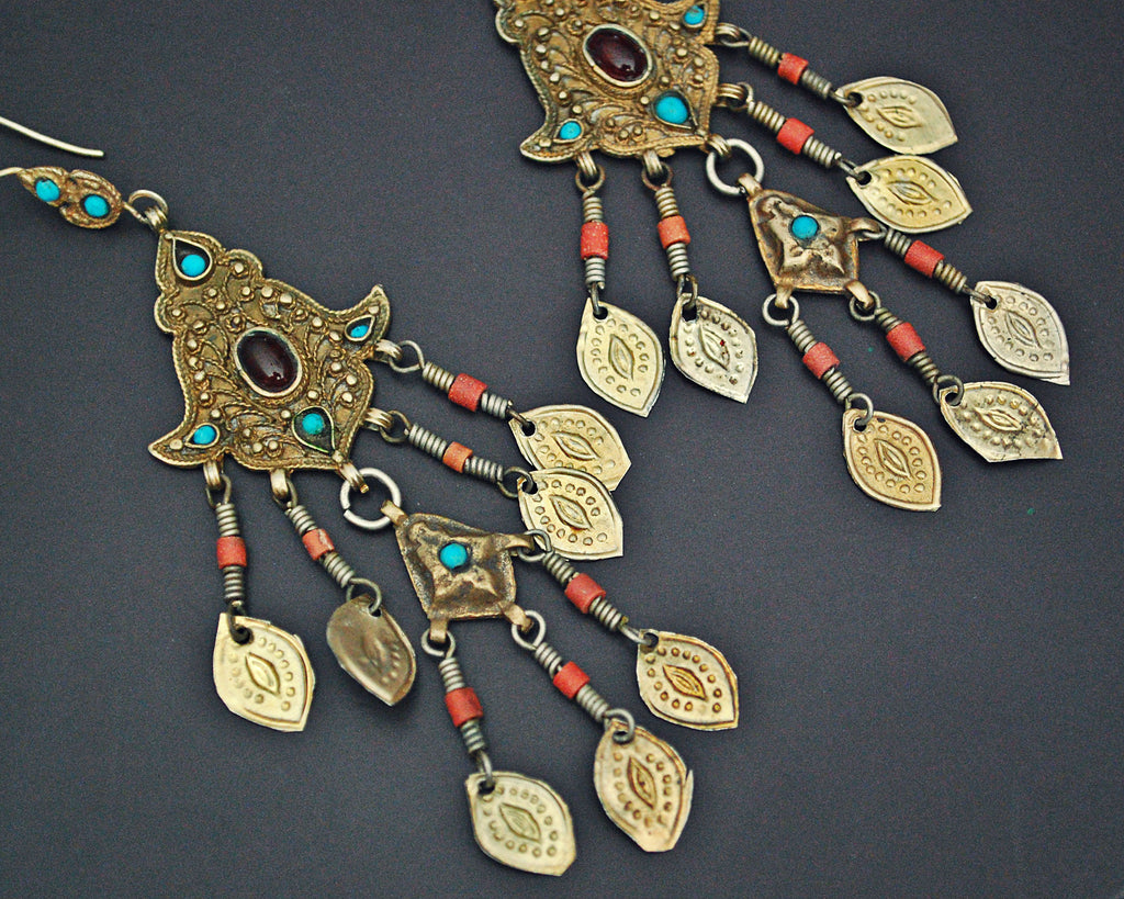 Long Gilded Uzbek Coral Turquoise Earrings from Bukhara