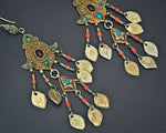Long Gilded Uzbek Coral Turquoise Earrings from Bukhara