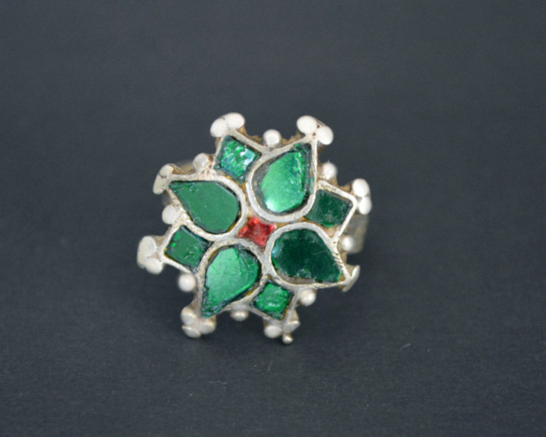 Rajasthani Silver Green Glass Ring - Size 9.5