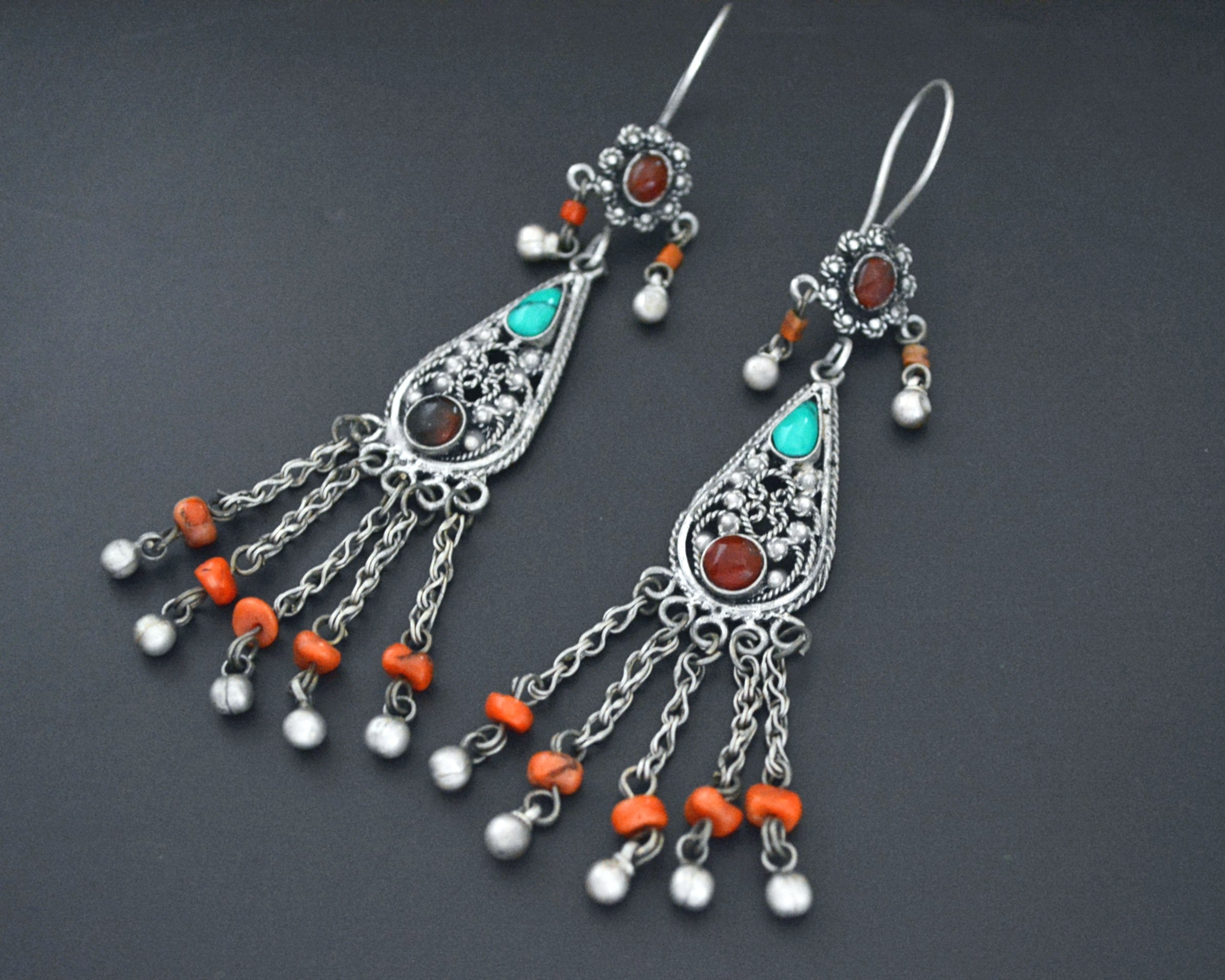 Uzbek Silver Turquoise Coral Earrings