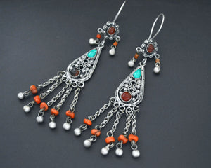 Uzbek Silver Turquoise Coral Earrings