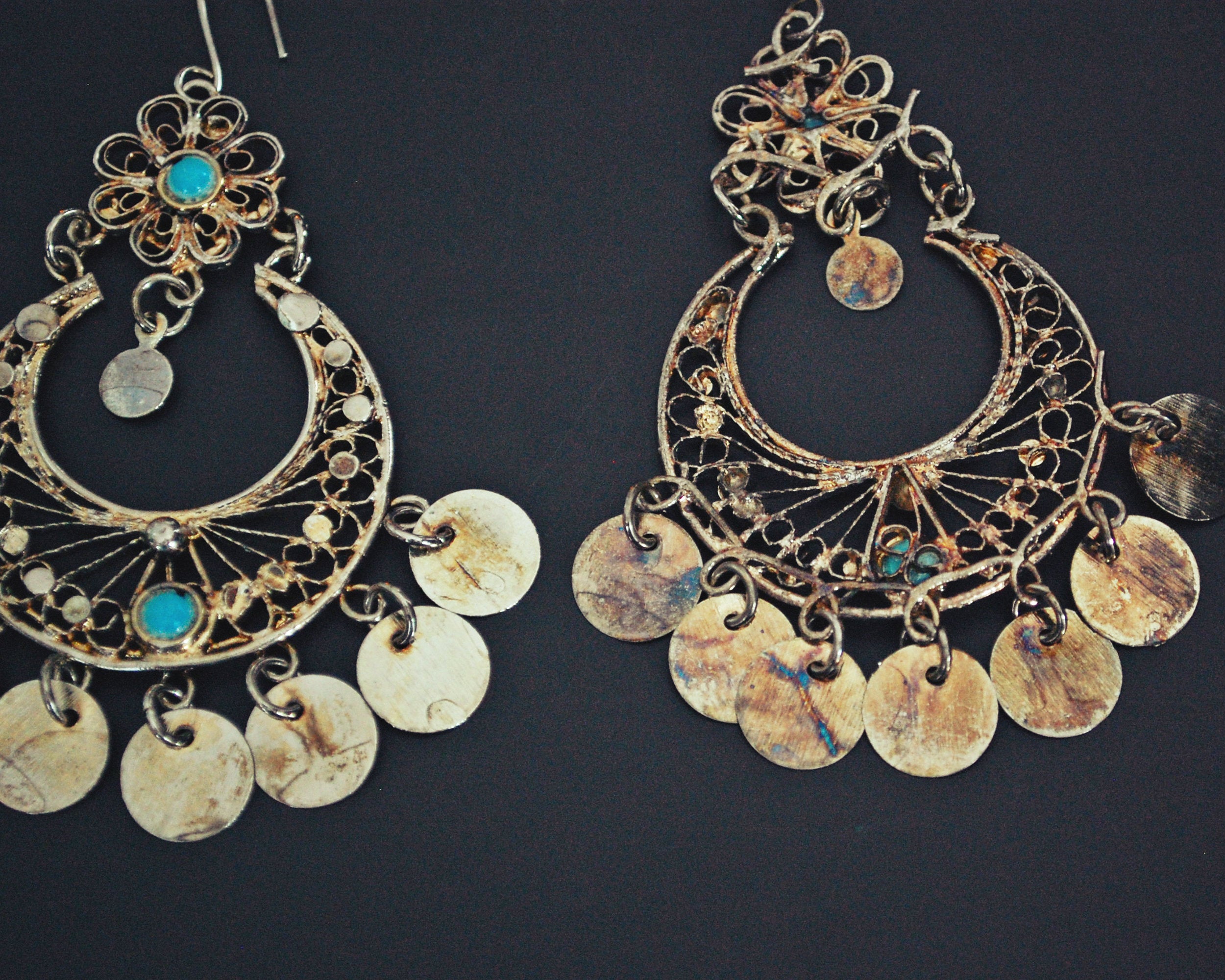 Middle Eastern Coin Filigree Dangle Earrings with Turquoise