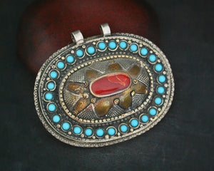 Kazakh Gilded Pendant with Carnelian and Turquoise