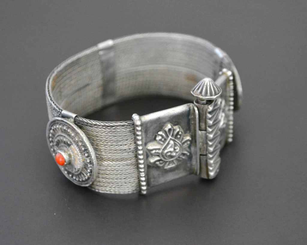 Wide Rajasthani Silver Snake Chain Bracelet with Coral and Turquoise