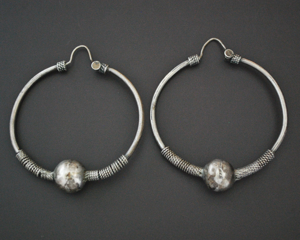 XLarge Ethnic Bali Hoop Earrings with Wire Work and Bead - Older Pair