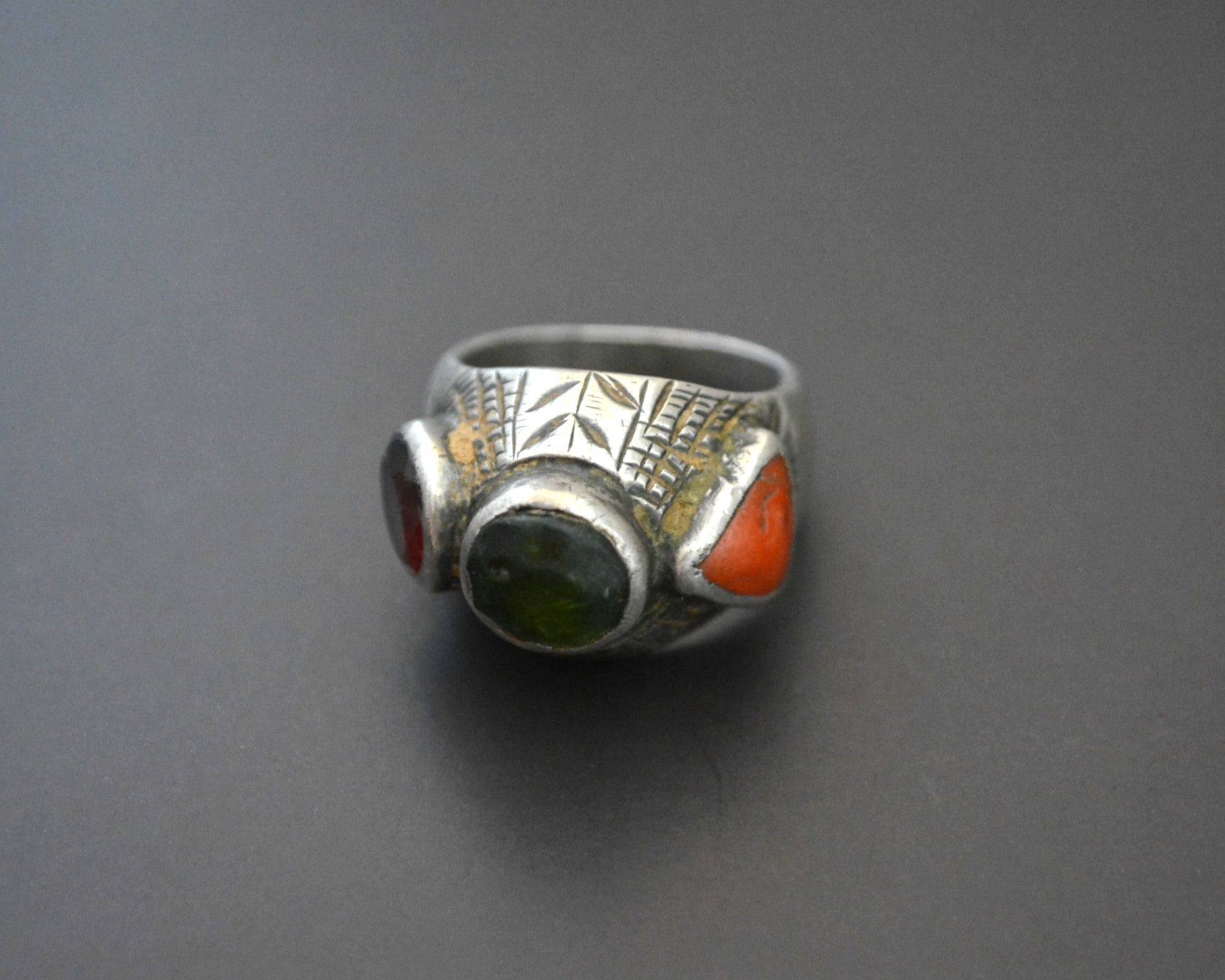 Old Afghani Coral and Glass Ring - Size 6.5
