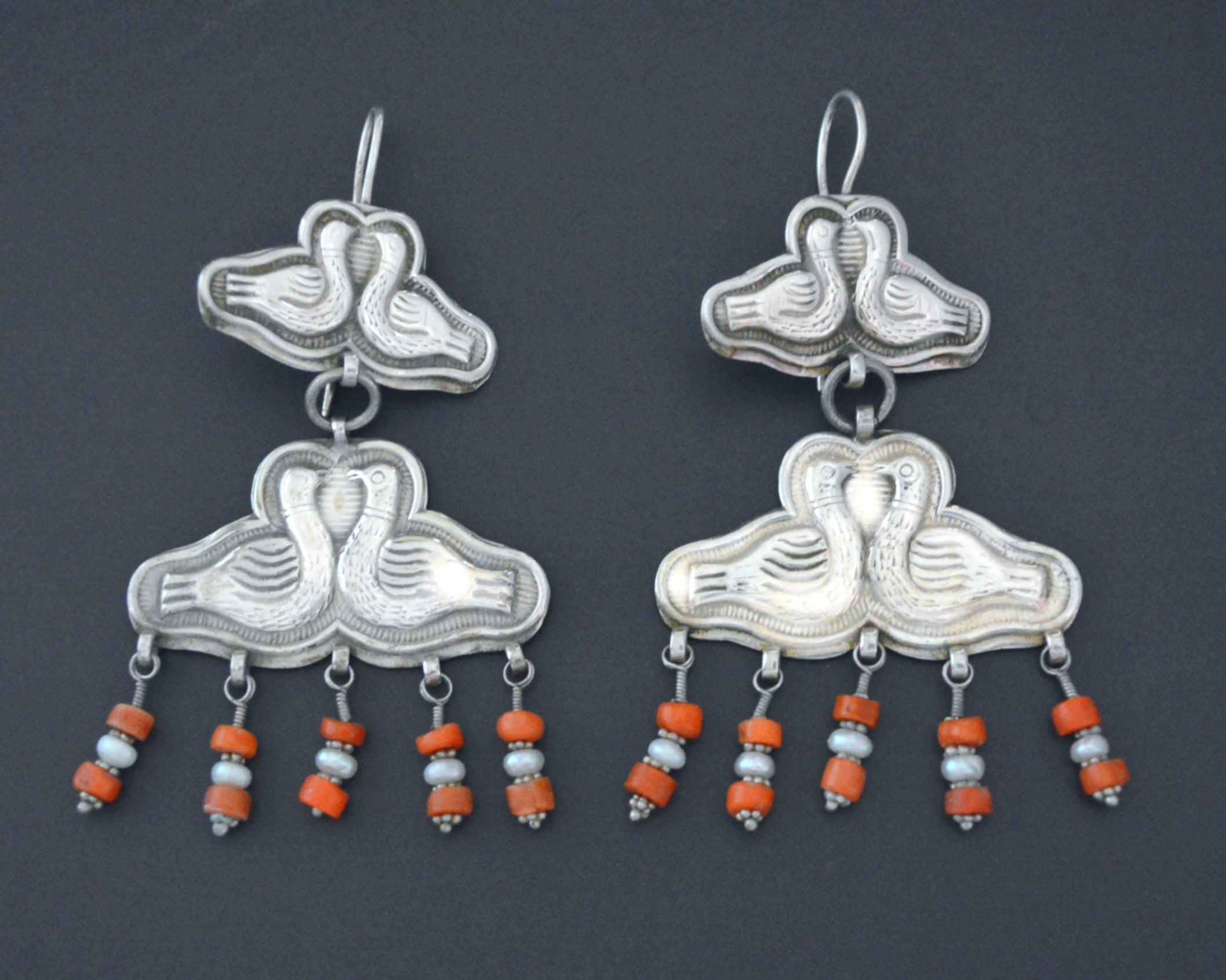 Long Uzbek Coral Earrings with Bird