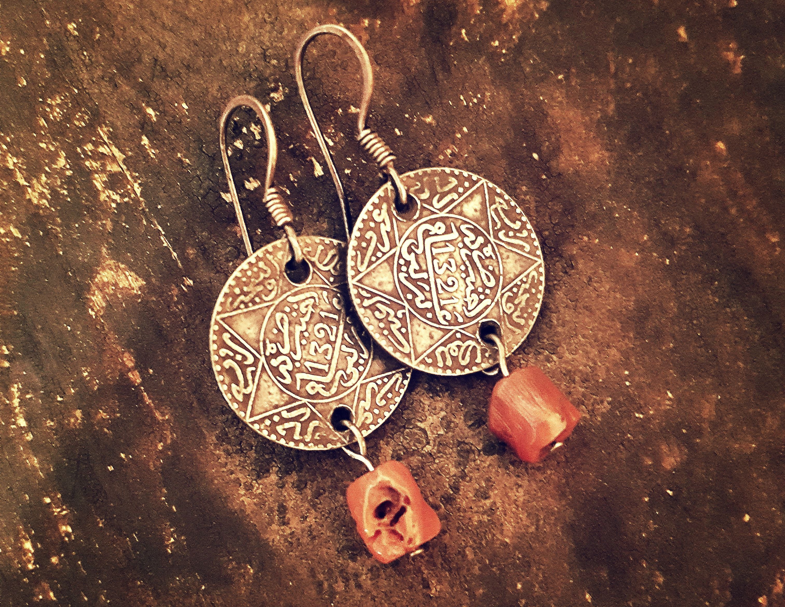 Old Berber Coin Earrings with Coral