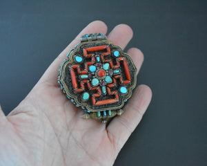 Openable Buddha Amitabha Tibetan Gau Box with Coral, Turquoise and Ruby
