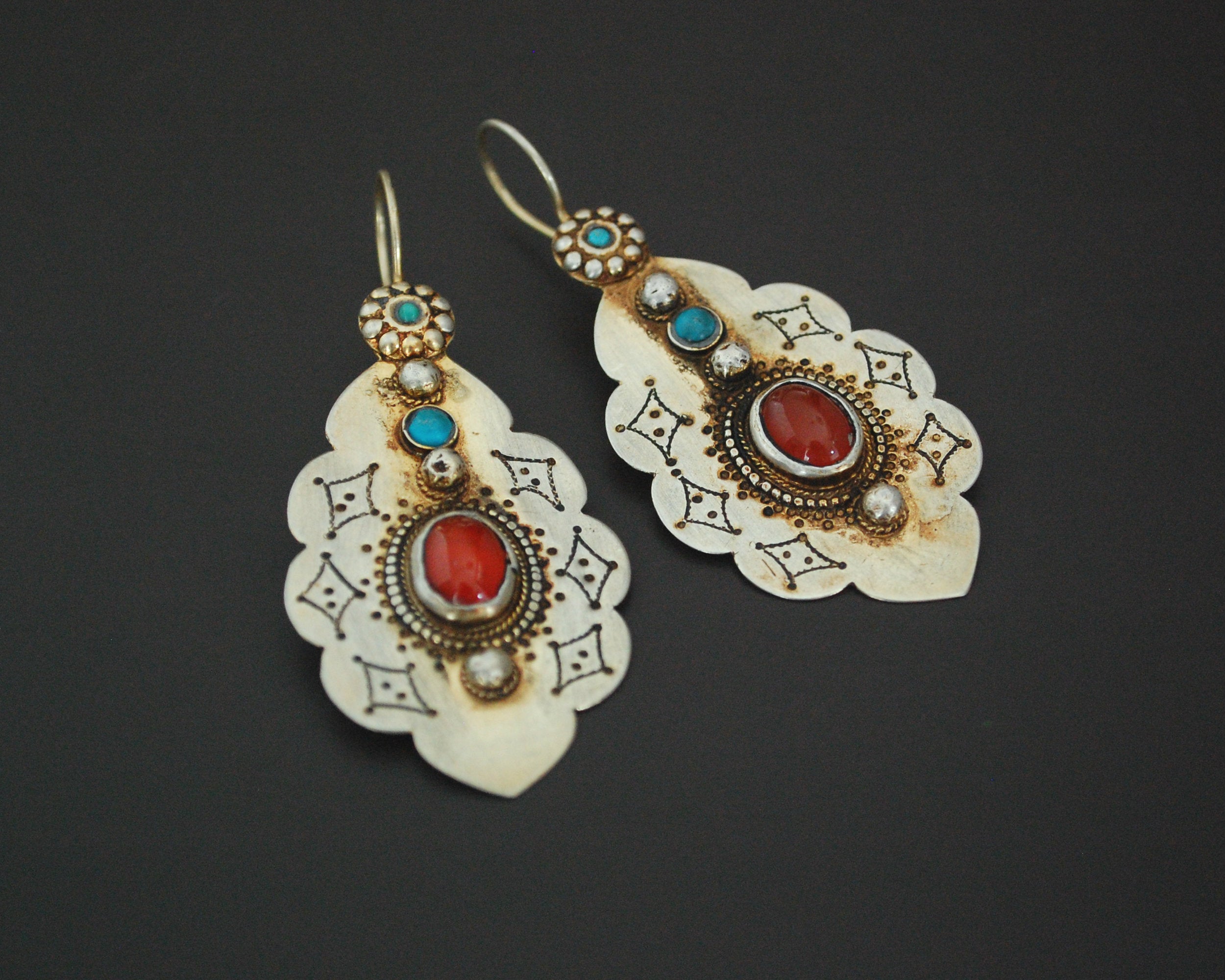 Turkmen Gilded Earrings with Carnelian and Turquoise