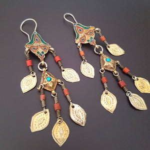 Gilded Uzbek Coral Turquoise Earrings with Enamel