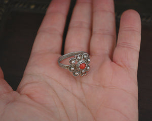 Old Croatian Filigree Coral Ring - Size 7