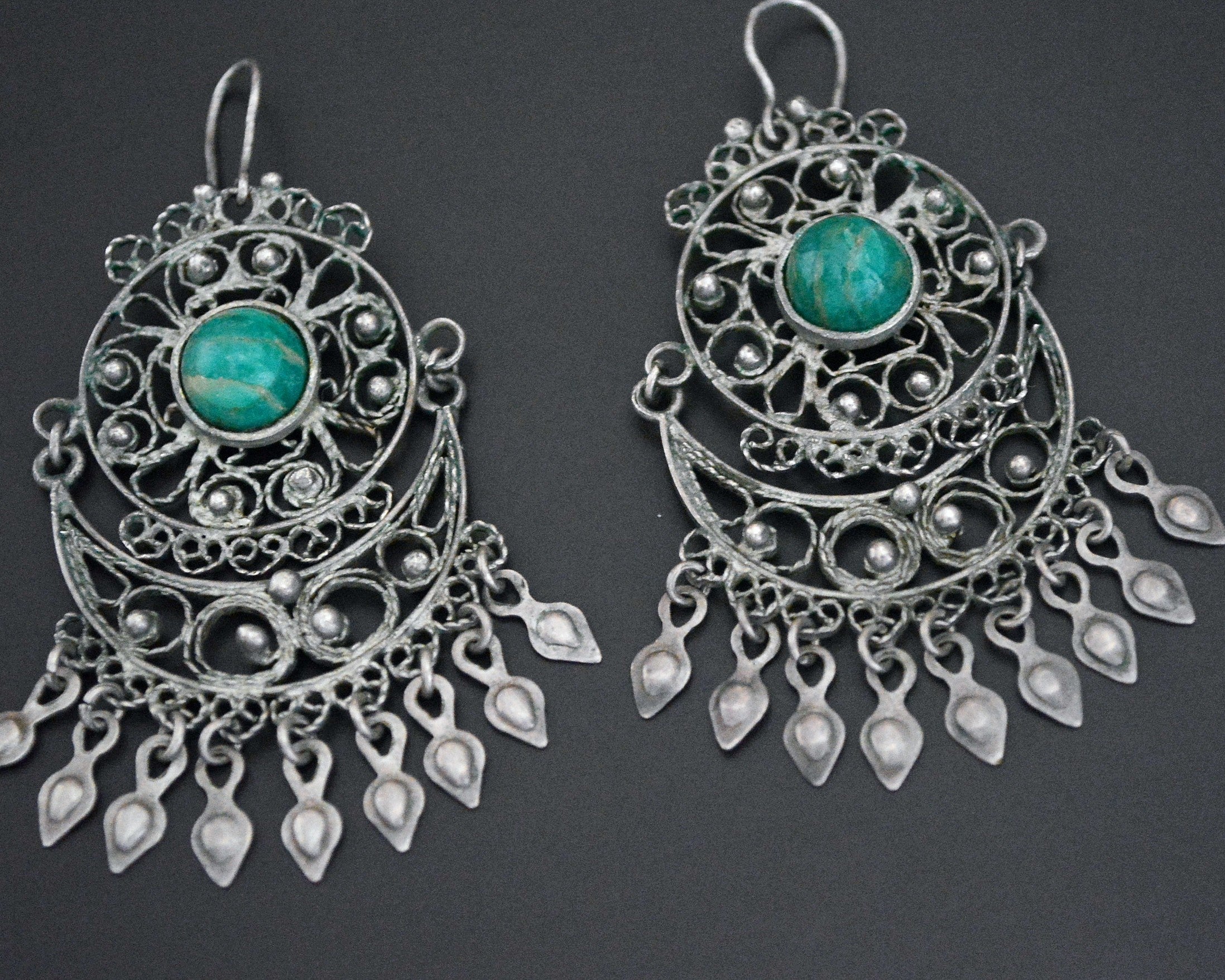 Ethnic Chrysocolla Filigree Dangle Earrings