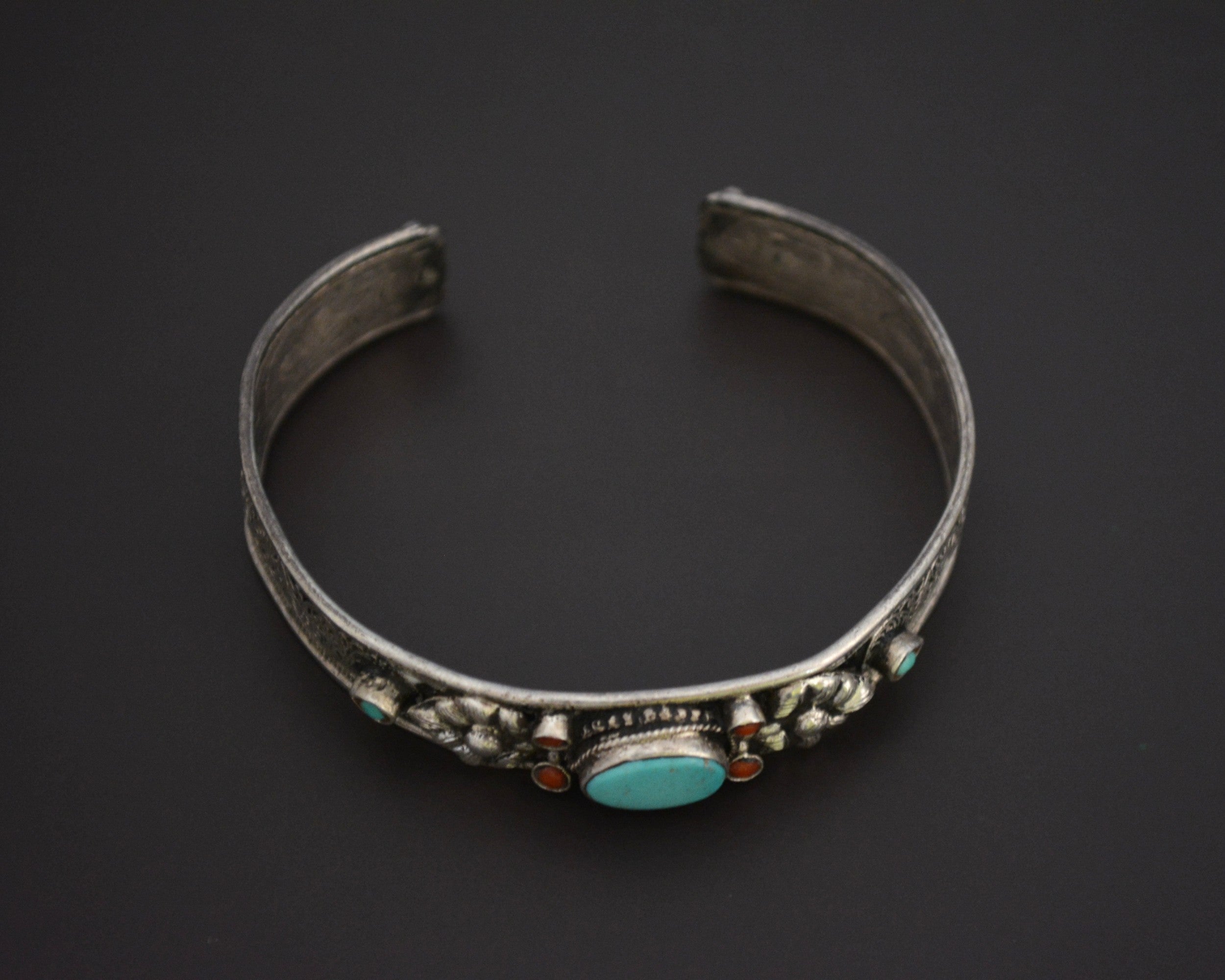 Nepali Turquoise Coral Cuff Bracelet with Filigree Work - SMALL