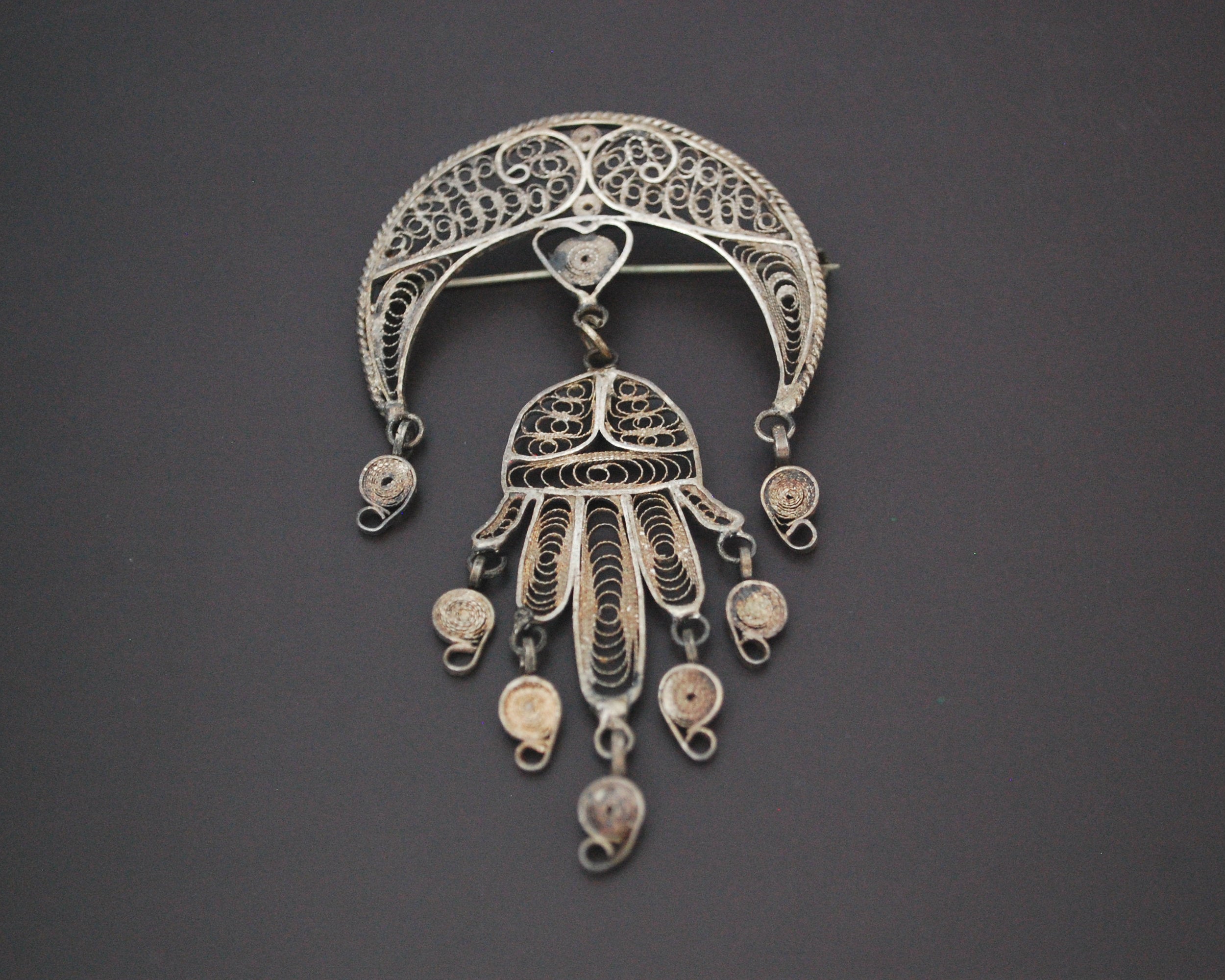 Tunisian Filigree Crescent and Hand of Fatima Brooch