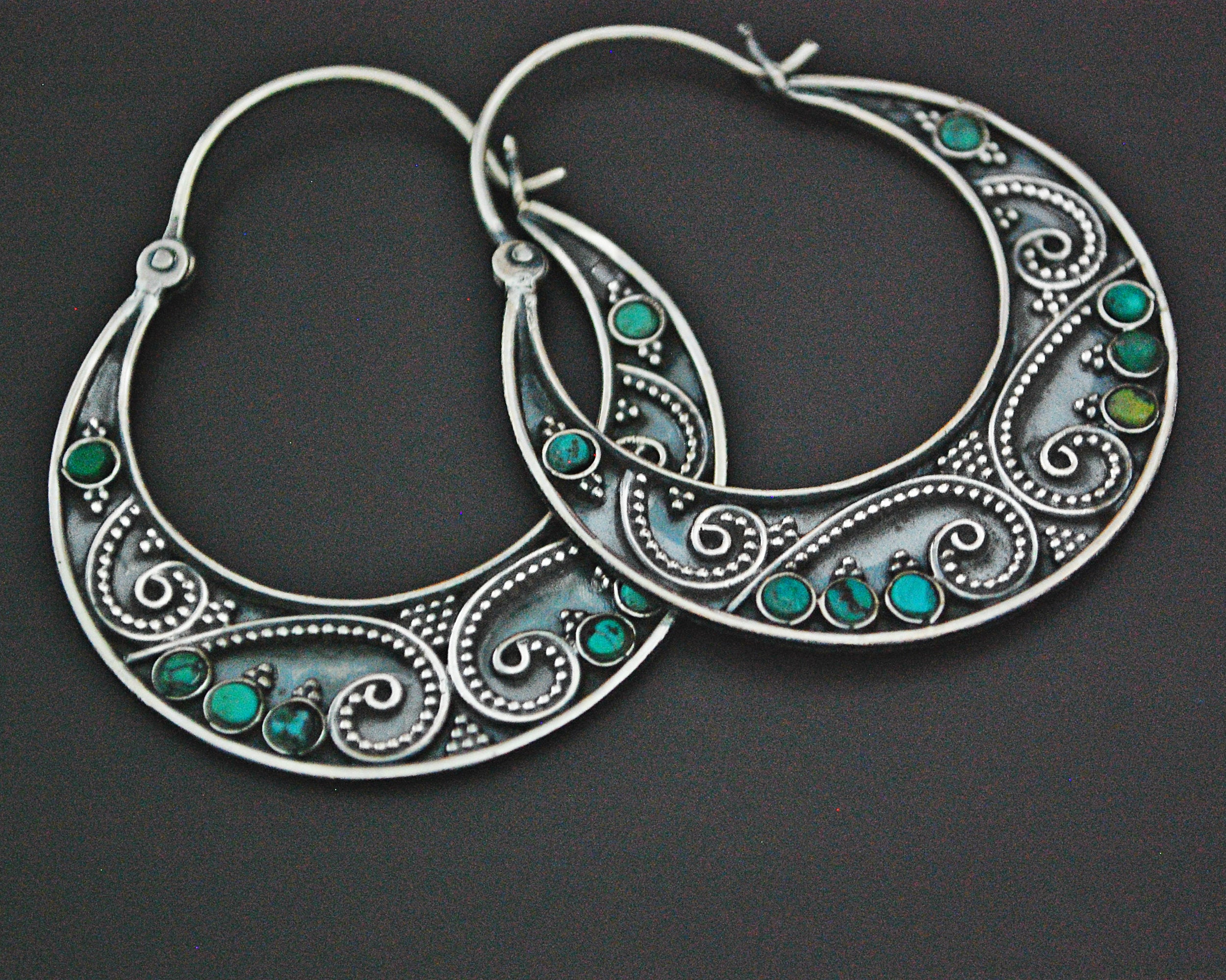 Ethnic Hoop Earrings with Turquoise and Dotwork