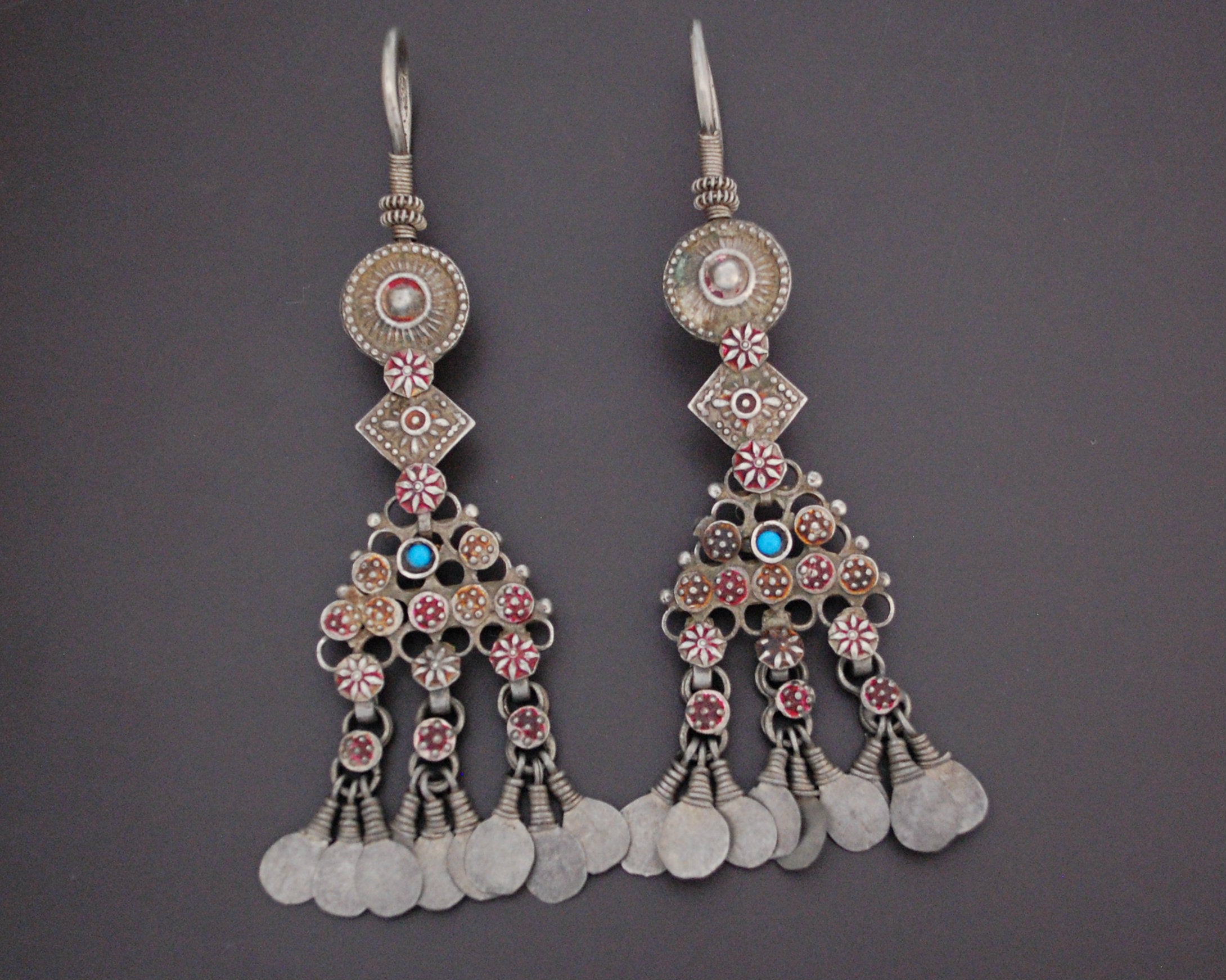 Large Antique Afghani Earrings with Turquoise