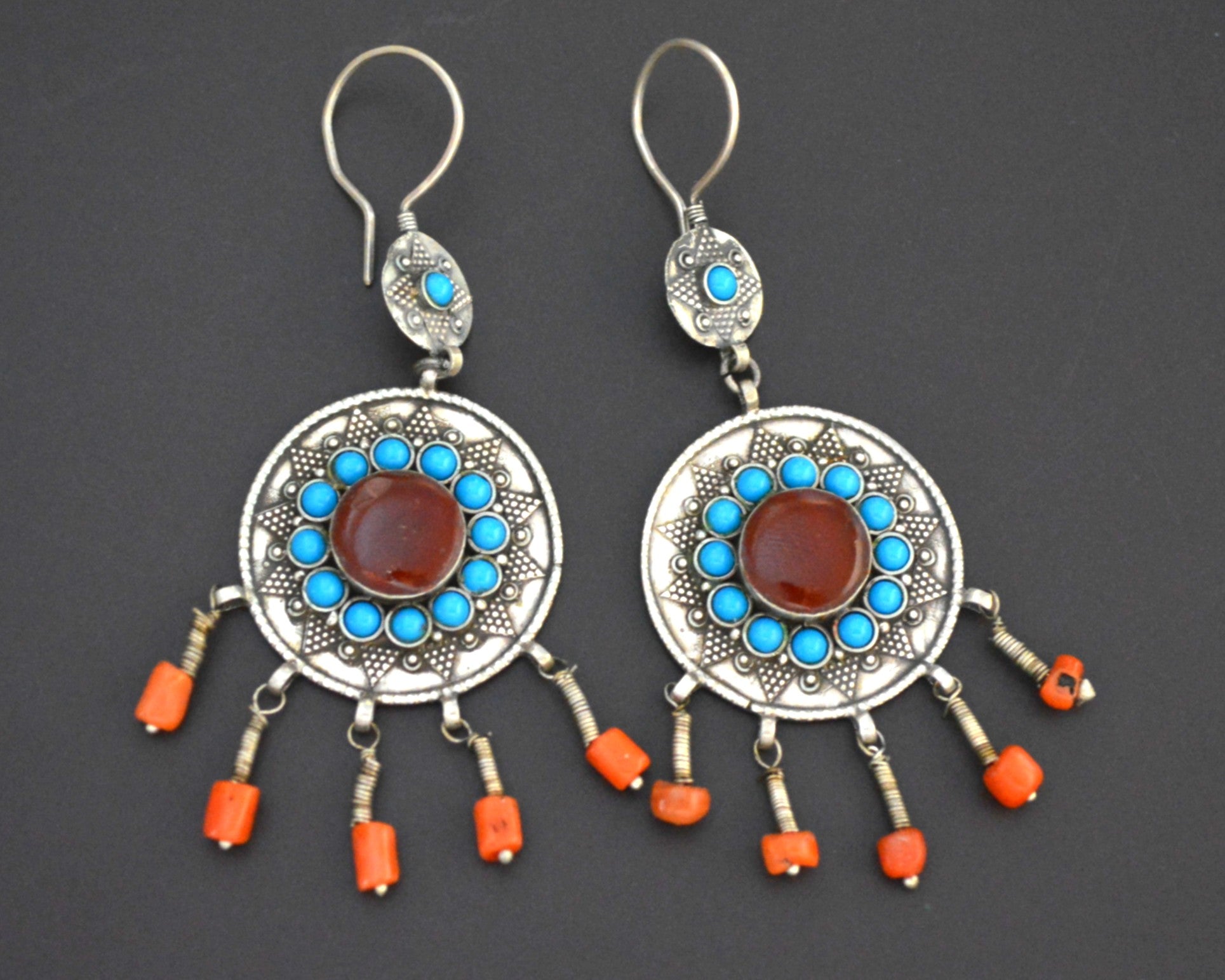 Turkmen Earrings with Carnelian, Turquoise and Coral