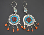 Turkmen Earrings with Carnelian, Turquoise and Coral