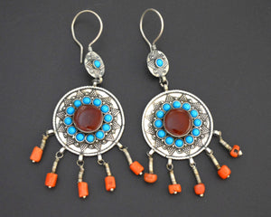 Turkmen Earrings with Carnelian, Turquoise and Coral