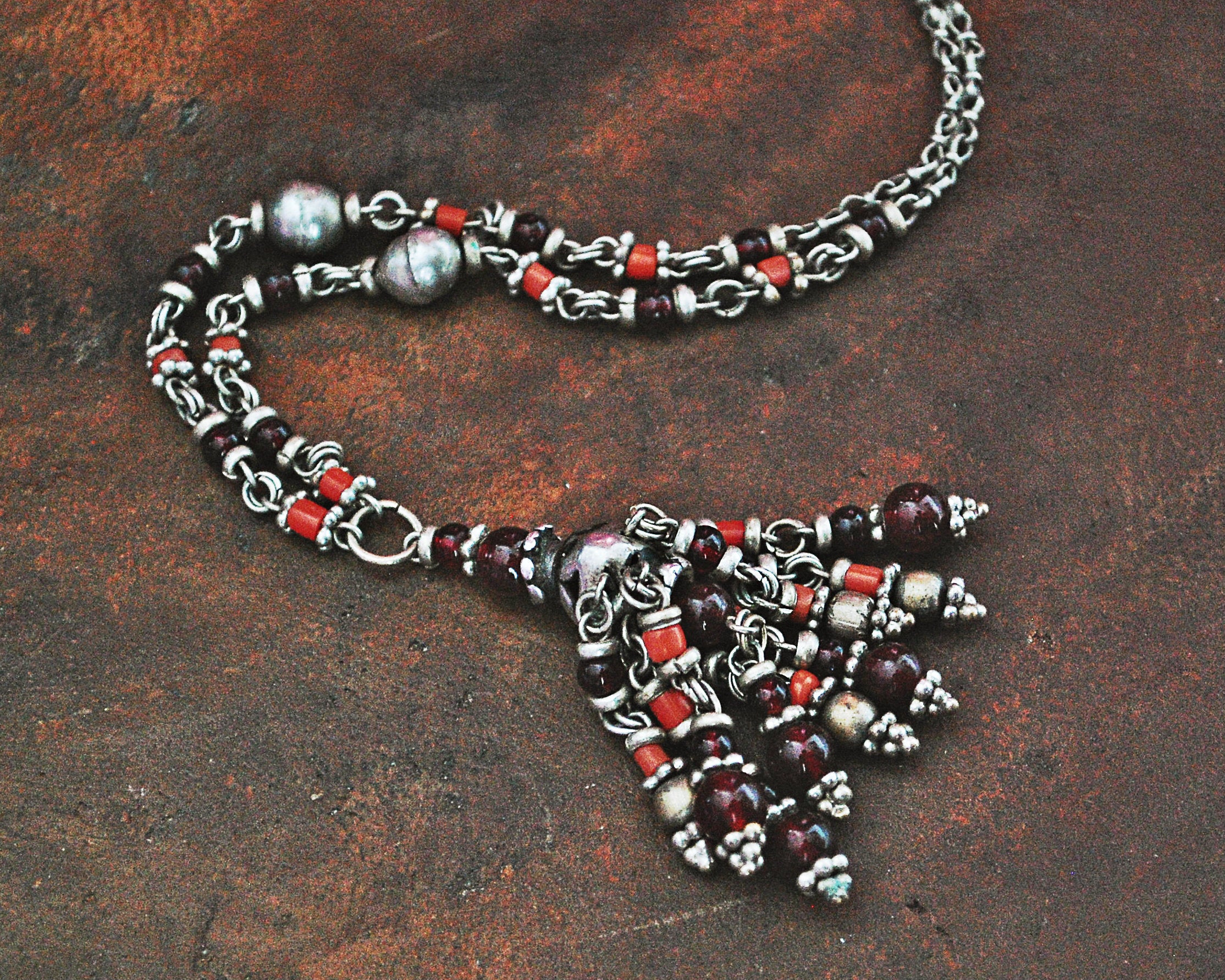 Ethnic Coral Garnet Silver Necklace from India