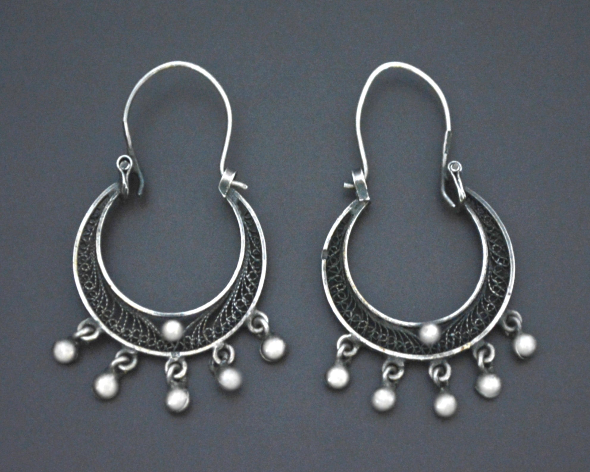 Filigree Silver Hoop Earrings with Bells