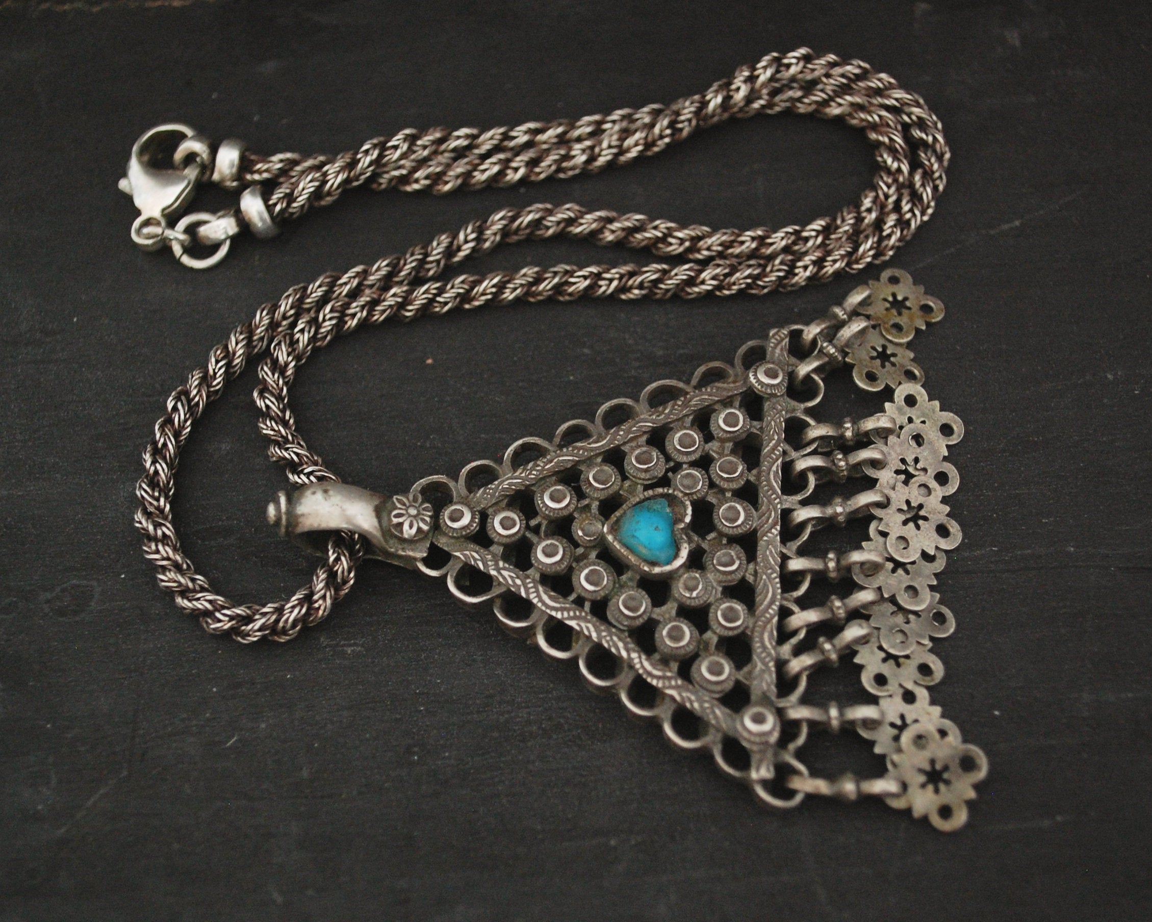 Antique Afghani Silver Turquoise Pendant on Woven Chain