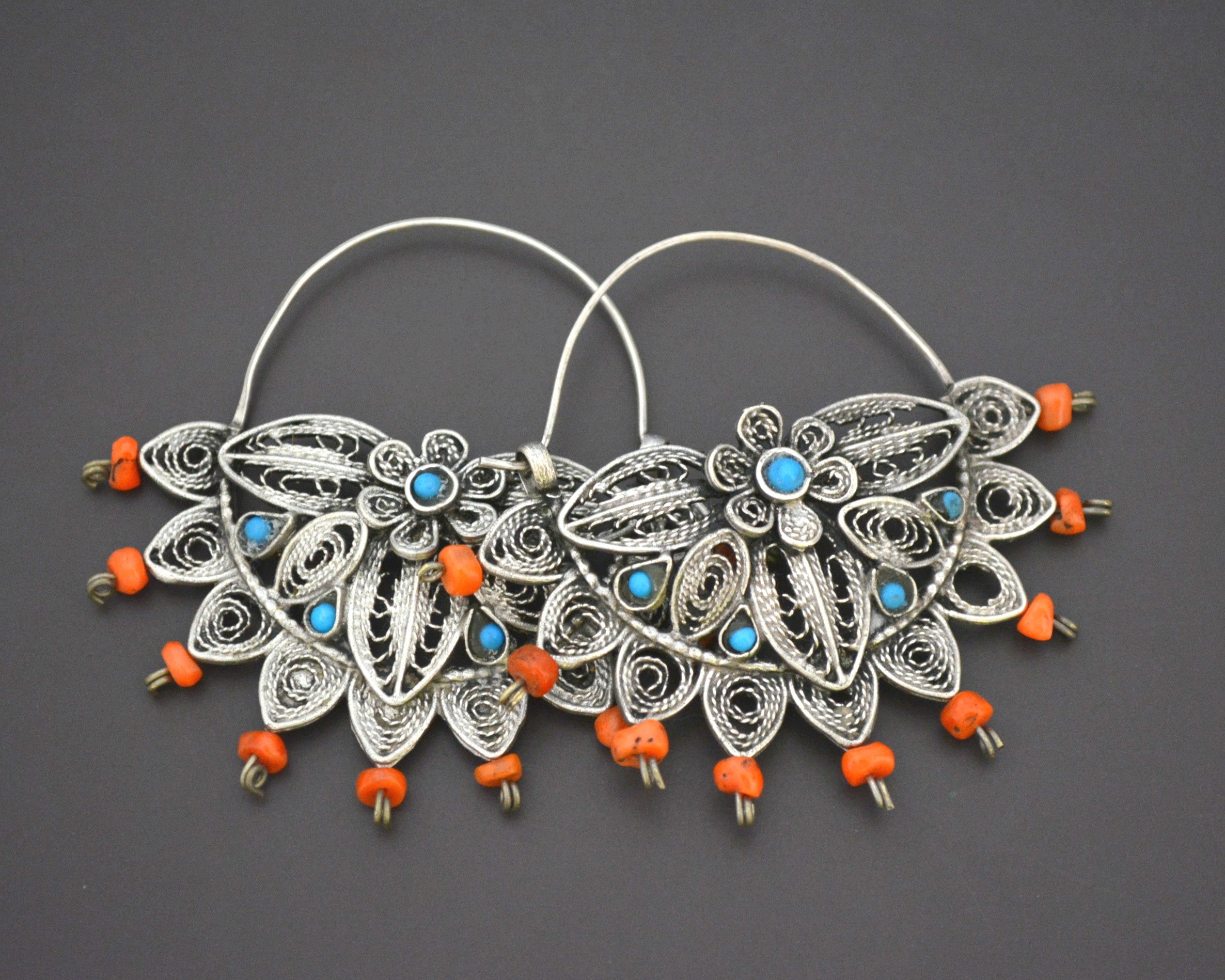 Uzbek Coral Turquoise Filigree Hoop Earrings