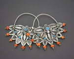 Uzbek Coral Turquoise Filigree Hoop Earrings