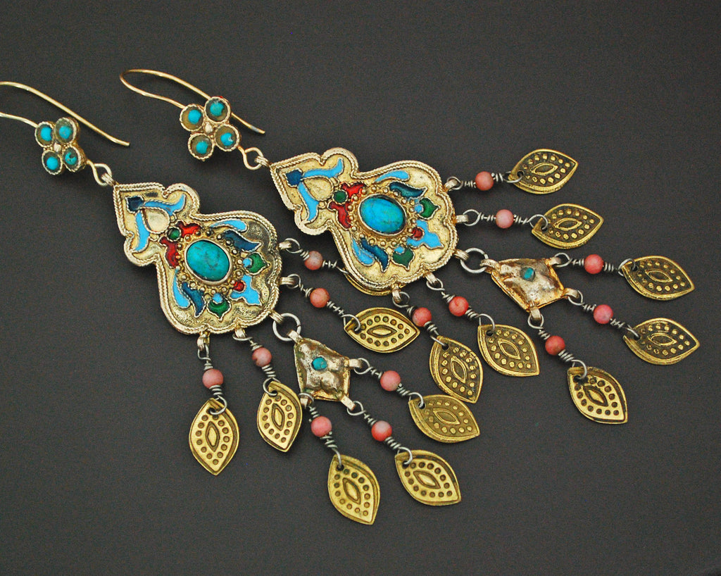 Gilded Uzbek Coral Turquoise Earrings with Enamel
