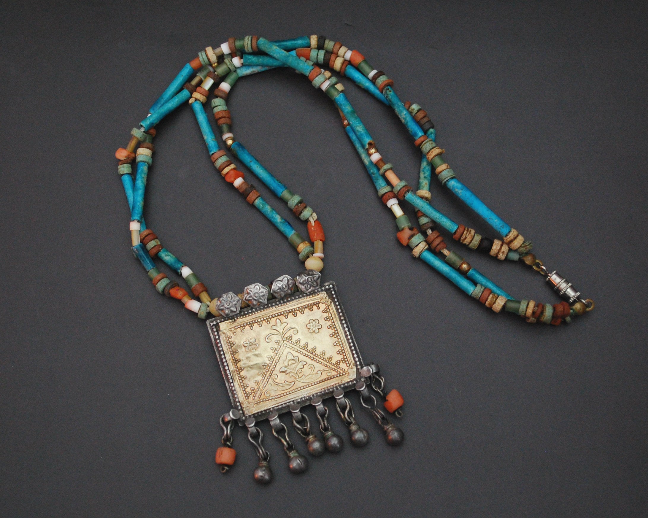 Antique Afghani Pendant and Faience Beads Necklace