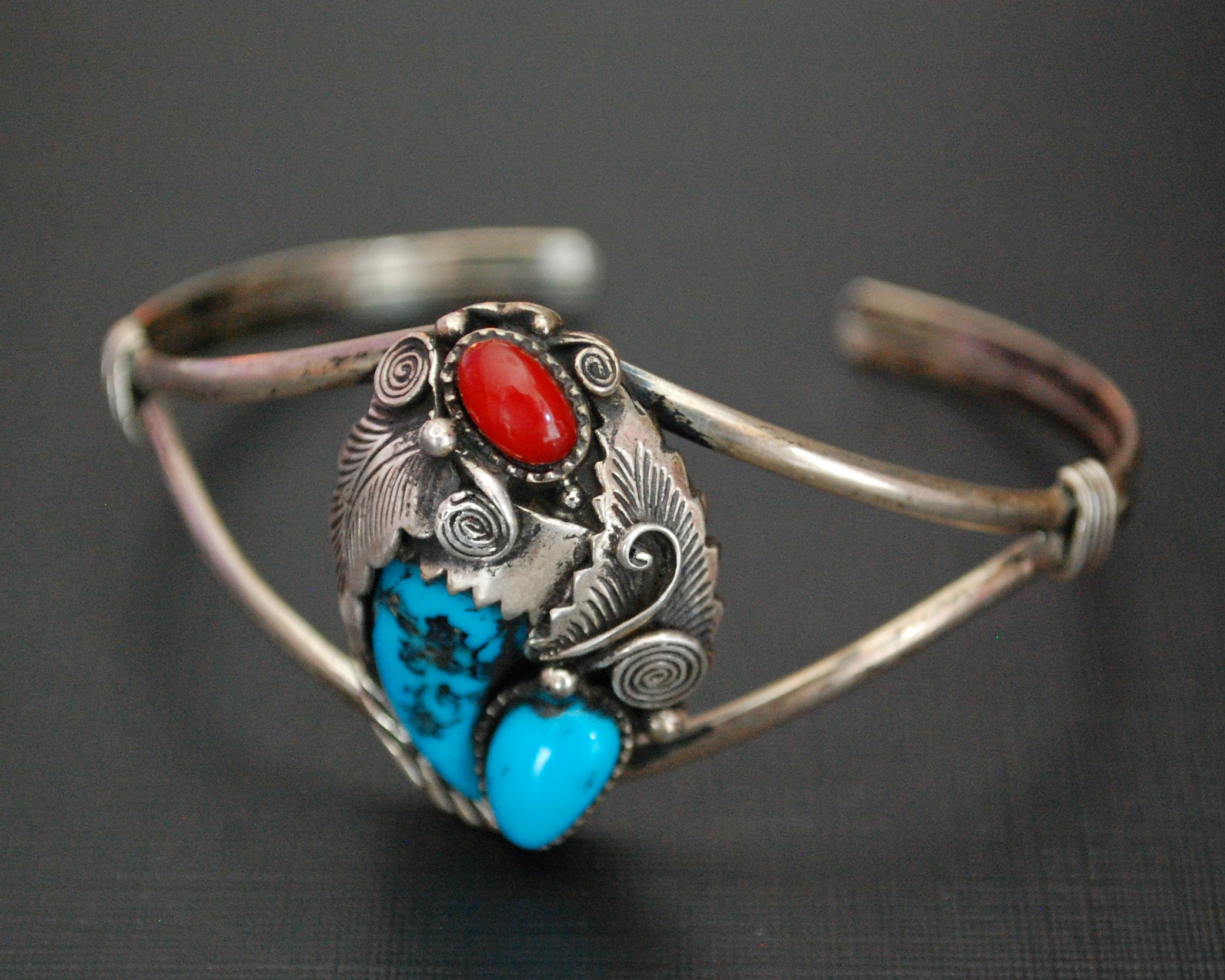 Navajo Turquoise Coral Claw Cuff Bracelet