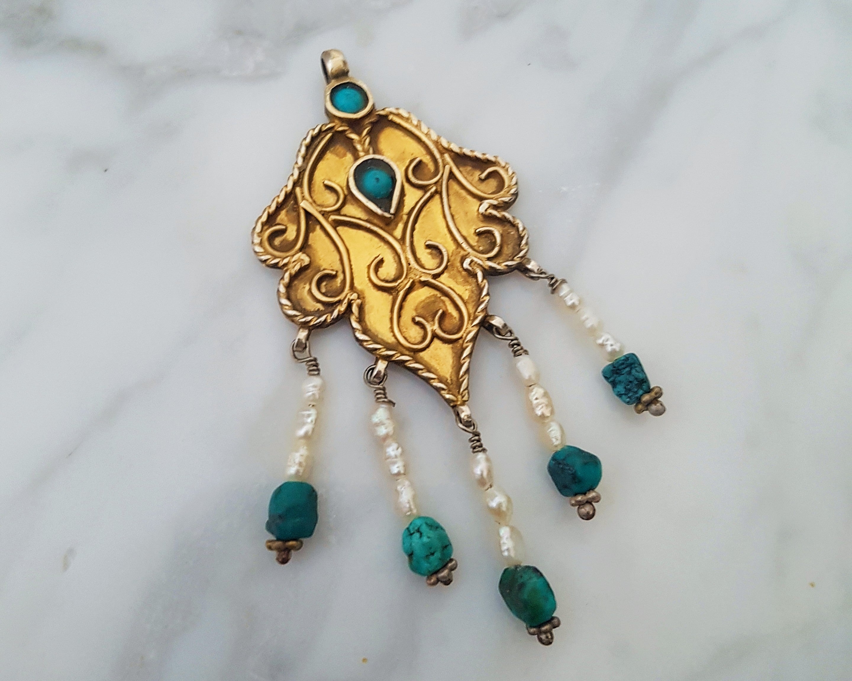 Gilded Uzbek Turquoise Pearl Pendant