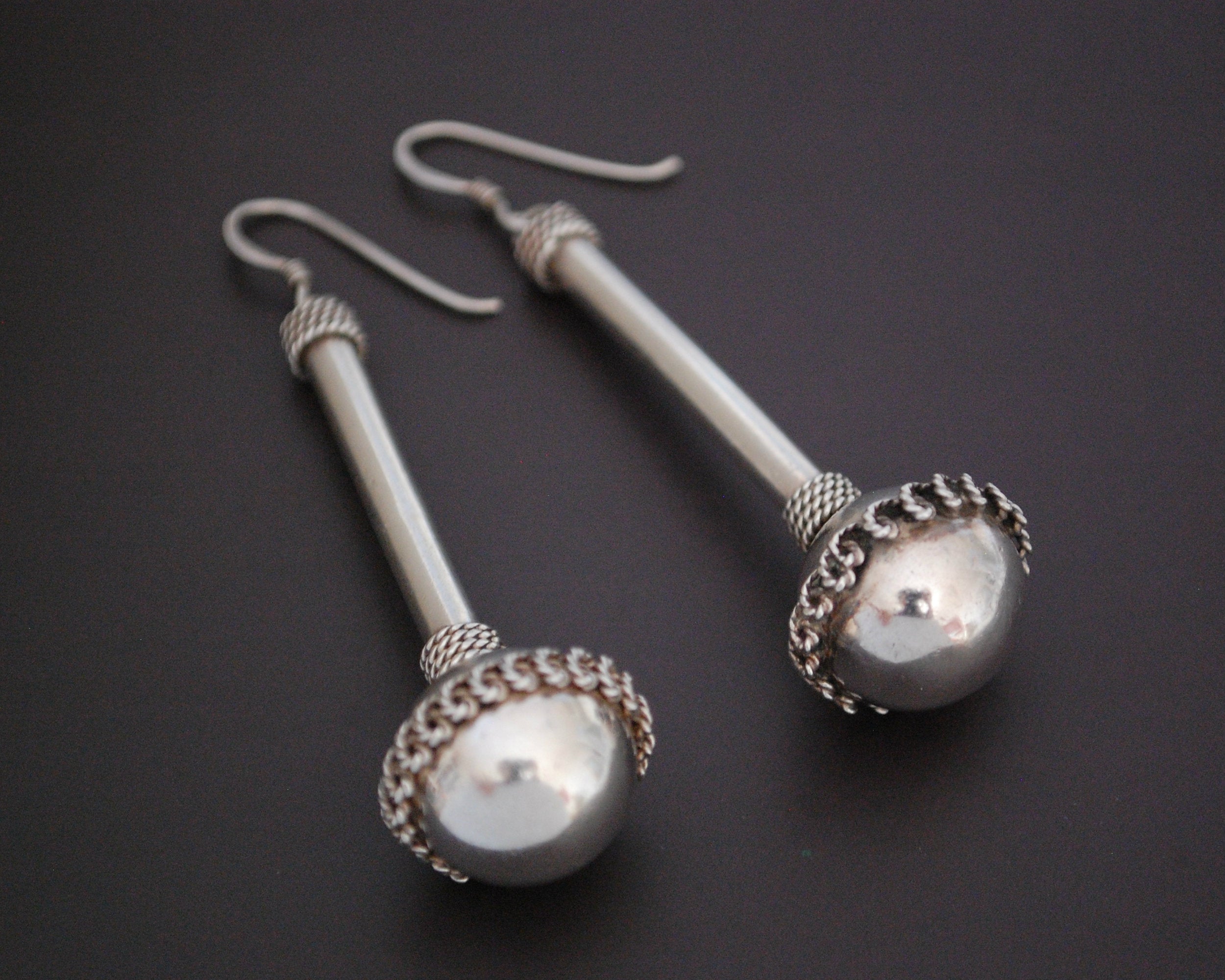 Long Ethnic Silver Ball Earrings with Wire Work
