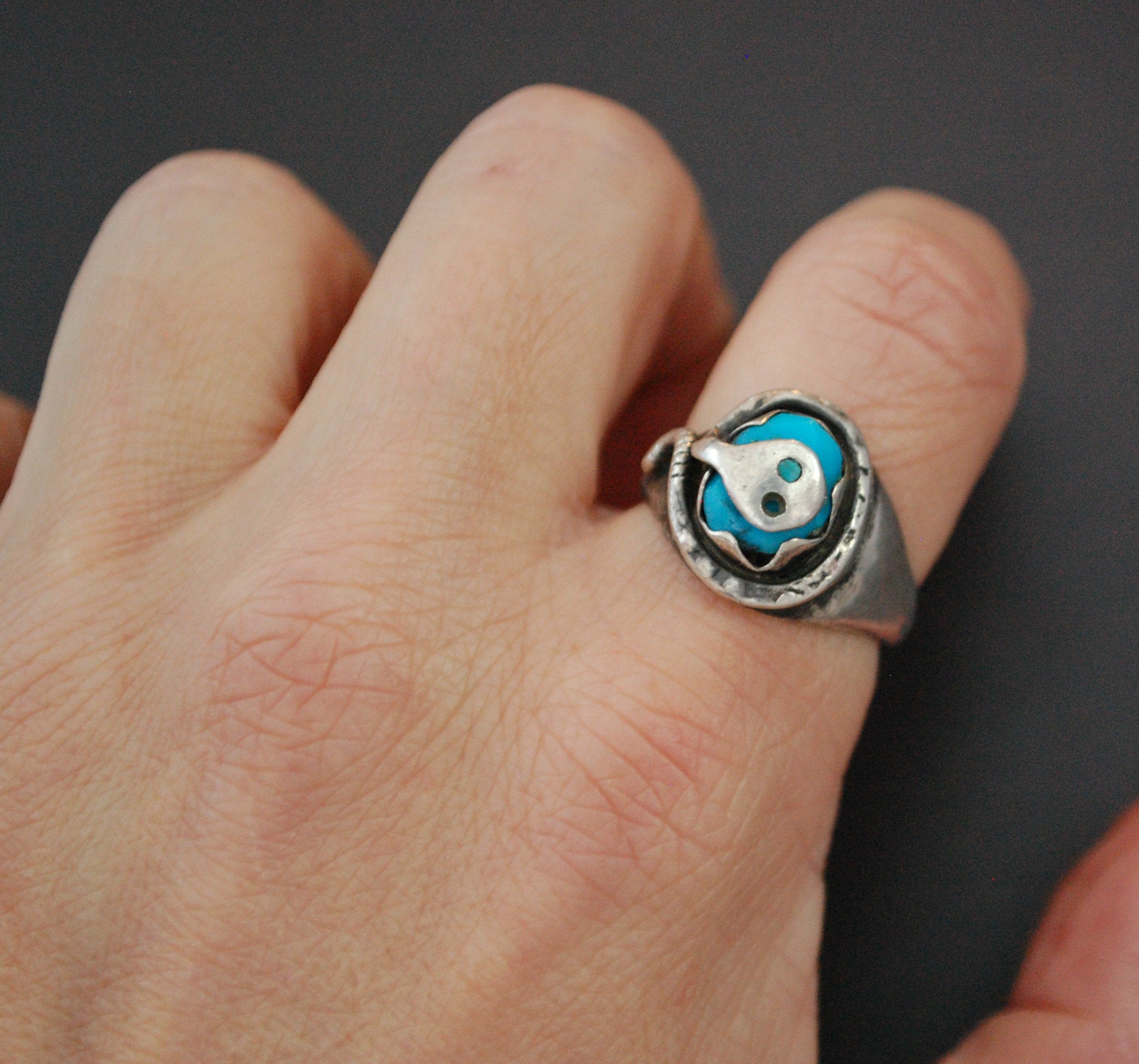 Zuni Effie Calavaza Turquoise Snake Ring - Size 7