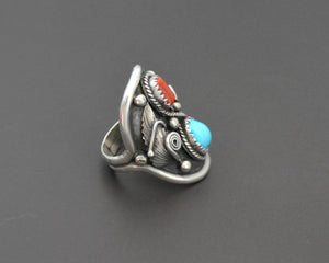Native American Navajo Coral Turquoise Ring - Size 8.5