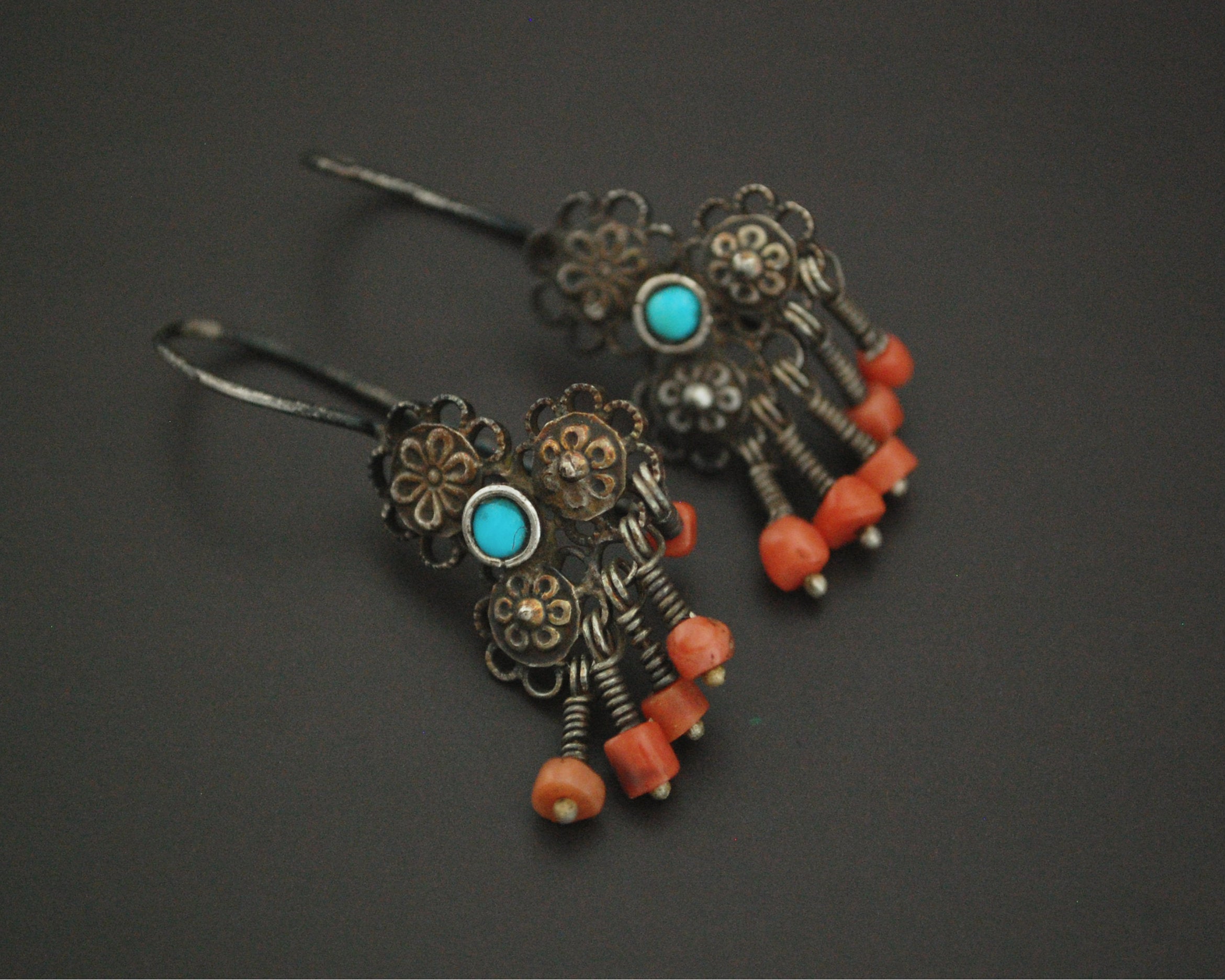 Uzbek Coral Turquoise Earrings with Flowery Design