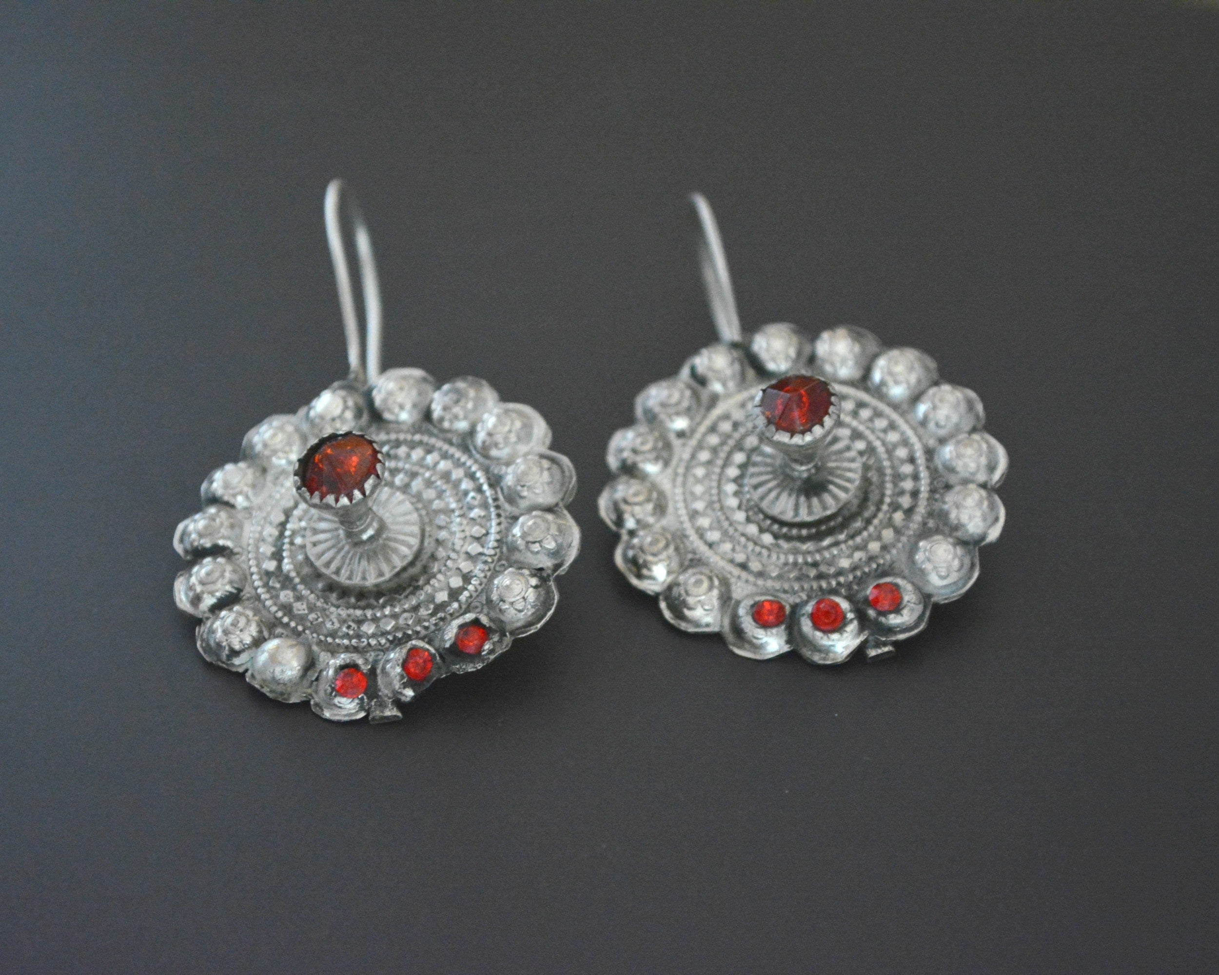 Large Afghani Disc Earrings with Red Glass