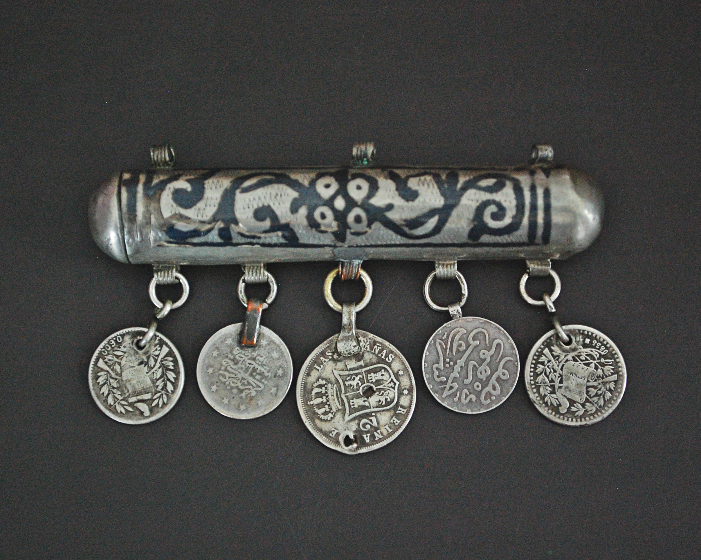 Antique Ottoman Niello Box Pendant with Coins