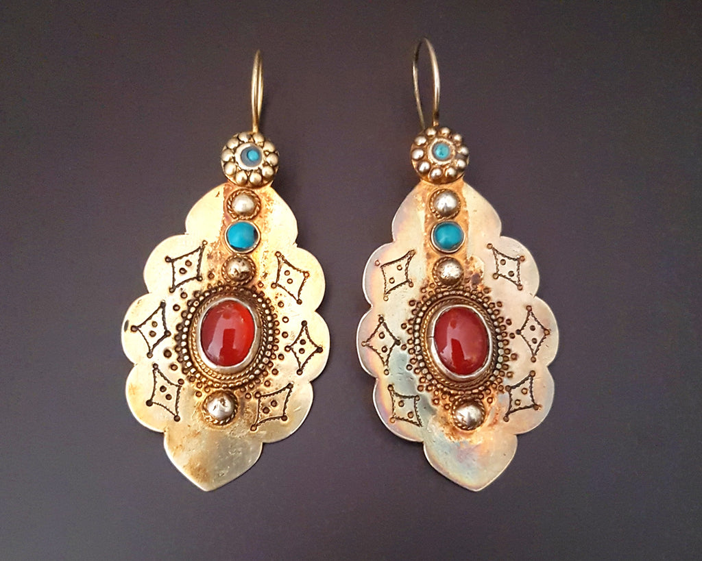 Gilded Turkmen Earrings with Carnelian and Turquoise
