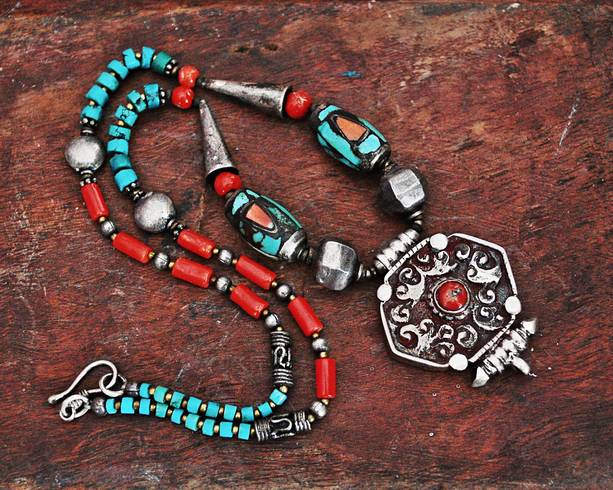Vintage Nepali Coral Turquoise Necklace with Gau Amulet